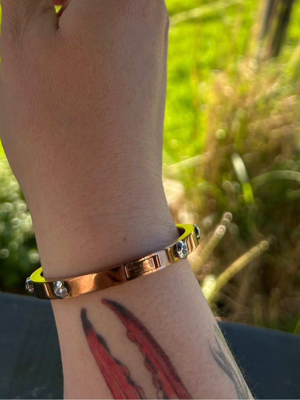 Henri Bendel Bronze Tone Rhinestone Hinge Bangle Bracelet - Picture 3 of 9